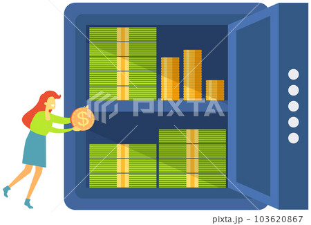 Saving money. Woman puts coins and cash bills in metal safe. Business finance and investment concept 103620867