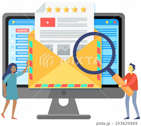 Colleagues examine letter under magnifying glass. People dealing with online communication 103620869