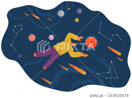 A man flying in space vector flat illustration with planets and stars cartoon cosmic scene 103620878