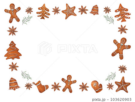 Watercolor frame with star anise, sea buckthorn branch, Christmas gingerbread cookies decorated with white icing isolated on white. Winter illustration for the design of greetings, package 103620903