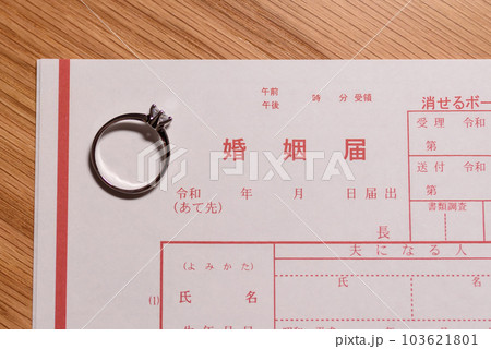 婚姻届と結婚指輪　婚約指輪　元号令和の書類　トリミングアップ 103621801