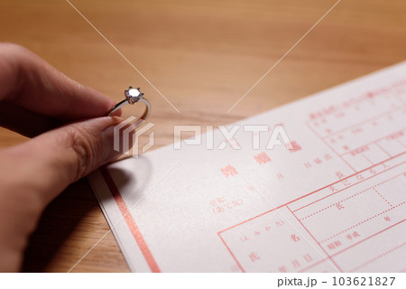 婚姻届と手に持った結婚指輪 婚約指輪 元号令和の書類 婚姻届と手に持った結婚指輪 婚約指輪 元号令和の書類 103621827