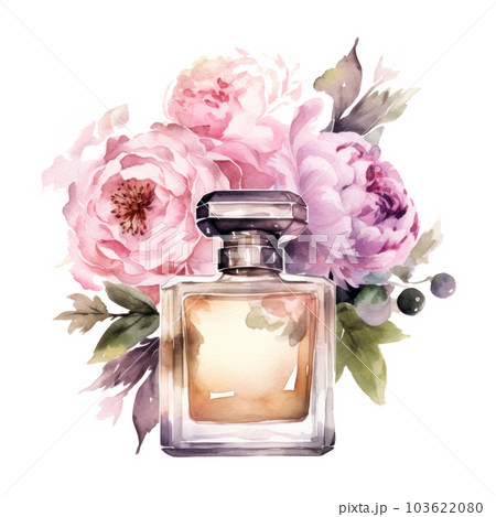 Watercolor perfume bottle with flowers. Illustration AI Generative 103622080