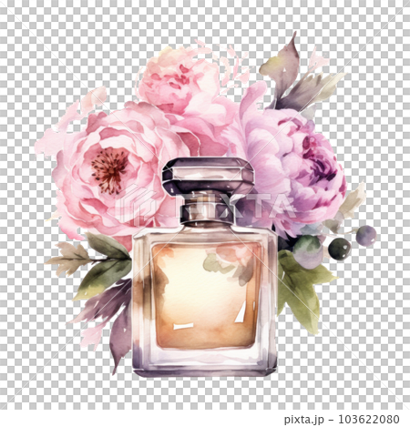 Watercolor perfume bottle with flowers. Illustration AI Generative 103622080