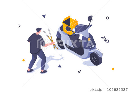 Food delivery concept in 3d isometric design. Man receives his order parcel from restaurant using fast courier shipping on scooter. Vector illustration with isometric people scene for web graphic Food delivery concept in 3d isometric design. Man receives his order parcel from restaurant using fast courier shipping on scooter. Vector illustration with isometric people scene for web graphic 103622327
