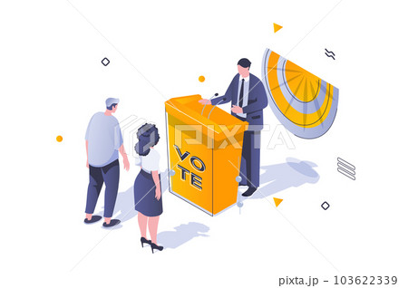 Election and voting concept in 3d isometric design. Political candidate stands behind podium and makes election campaign with voters. Vector illustration with isometric people scene for web graphic Election and voting concept in 3d isometric design. Political candidate stands behind podium and makes election campaign with voters. Vector illustration with isometric people scene for web graphic 103622339