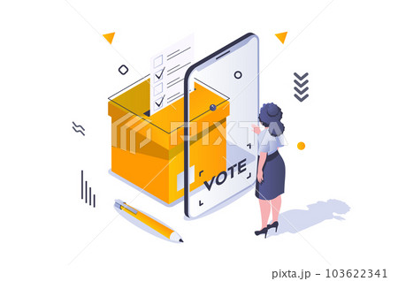 Election and voting concept in 3d isometric design. Woman voter chooses political candidate and put tick on electronic ballot st screen. Vector illustration with isometric people scene for web graphic Election and voting concept in 3d isometric design. Woman voter chooses political candidate and put tick on electronic ballot st screen. Vector illustration with isometric people scene for web graphic 103622341