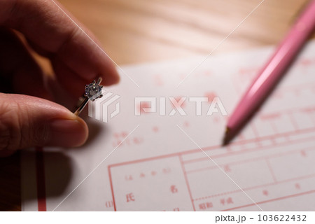 婚姻届と手に持った結婚指輪　婚約指輪　元号令和の書類 103622432