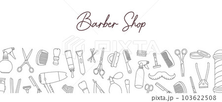 Barber shop horizontal outline banner. Horizontal background for barber shop design. Razor blade, hair clipper, scissors, comb, dryer, spray bottle. Barber shop horizontal outline banner. Horizontal background for barber shop design. Razor blade, hair clipper, scissors, comb, dryer, spray bottle. 103622508