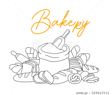Bakery outline sketch. Bakery shop illustration. Hand drawn sketch with breads, pastry. Wheat bread, pretzel, ciabatta, croissant, french baguette. 103622512