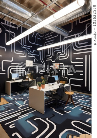 A room with a desk, chairs, and a computer monitor. Generative AI image. 103622559