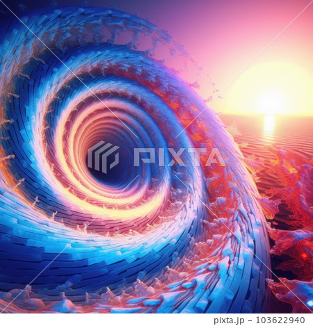A blue and red swirl in the middle of a body of water. Generative AI image. 103622940