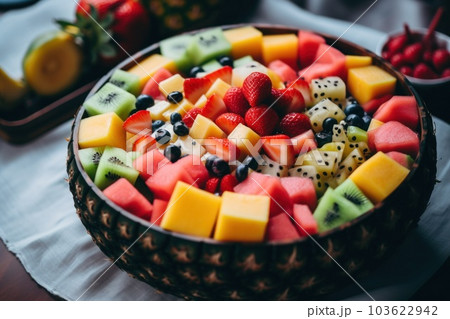 A bowl of fruit sitting on top of a table. Generative AI image. 103622942