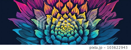 A close up of a colorful flower on a black background. Generative AI image. 103622943
