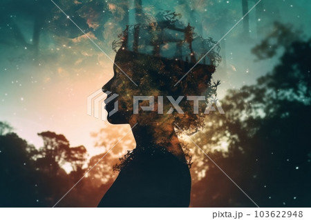 A silhouette of a person with a tree in the background. Generative AI image. 103622948