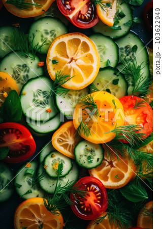 A close up of a plate of sliced tomatoes and cucumbers. Generative AI image. 103622949
