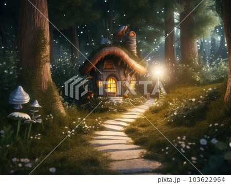A small house in the middle of a forest. Generative AI image. 103622964