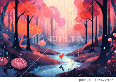 A painting of a person walking through a forest. Generative AI image. 103622977