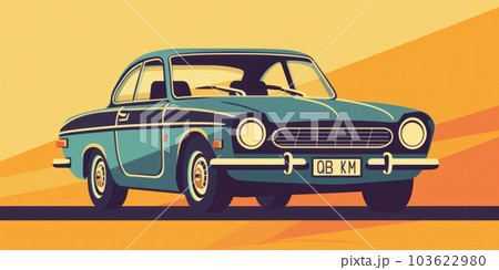 A blue car driving down a road next to a sunset. Generative AI image. 103622980