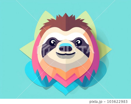 A cartoon sloth face on a blue background. Generative AI image. 103622983