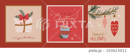 Set of christmas and new year cards with illustrations of christmas symbols in retro style Set of christmas and new year cards with illustrations of christmas symbols in retro style 103623011