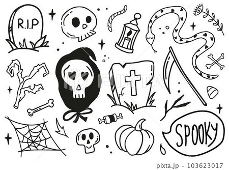 Happy Halloween cute vector set with death, scythe, skull, snake isolated on white background. Happy Halloween cute vector set with death, scythe, skull, snake isolated on white background. 103623017