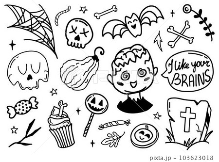 Happy Halloween cute vector set with zombie, bat, cupcake, skull, grave isolated on white background 103623018