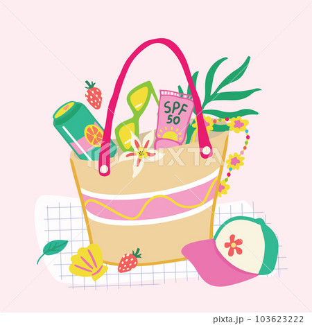 Vector illustration of summer bag with beachwear and sunprotection inside 103623222