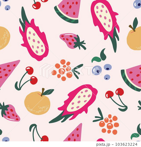 Seamless pattern with colorful fruit and berry on pink background 103623224