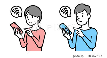 困った表情でスマホを見る男女のイラスト 103625248