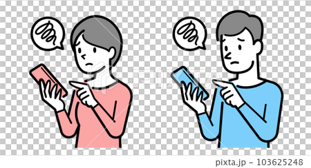 困った表情でスマホを見る男女のイラスト 103625248