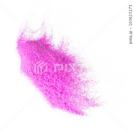 Small size purple Sand flying explosion, violet sands grain wave explode. Abstract cloud fly. purple colored sand splash throwing in Air. White background Isolated high speed shutter, throwing freeze 103625273