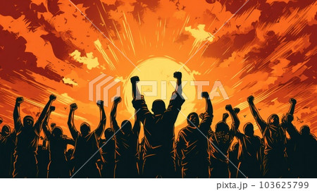 A group of people raising their hands in the air. Generative AI image. A group of people raising their hands in the air. Generative AI image. 103625799