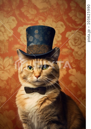 A cat wearing a top hat and bow tie. Generative AI image. 103625990