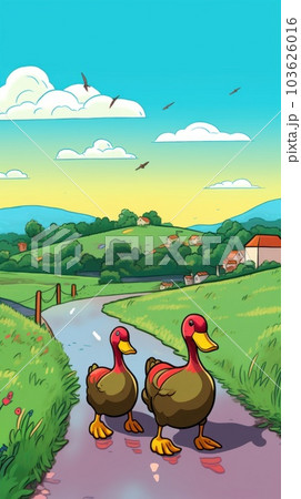 Two turkeys walking down a country road. Generative AI image. 103626016
