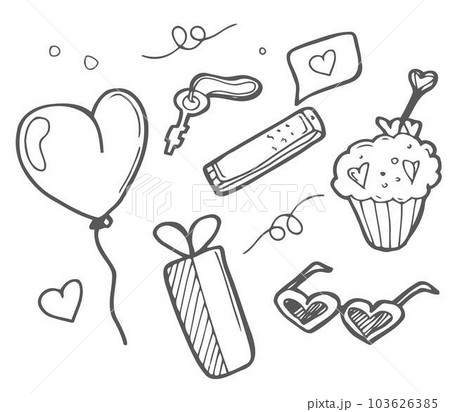 Greeting card for Happy St. Valentine's Day. Vector illustration about love, with hearts, flowers, gifts. Set of hand drawn isolated doodles. 103626385