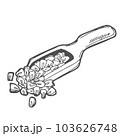 Vector illustration of hand drawn wooden spoon with corn seeds. Sketched concept. Black line art drawing, isolated on white background. Gluten food ingredient graphics. 103626748