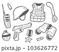 Doodle war icons set. Sketch of Army elements and equipment. Isolated on white background 103626772