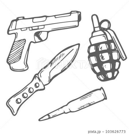Hand drawn weapons doodle set in vector. Hand grenade, gun, army knife and bullet. Hand drawn weapons doodle set in vector. Hand grenade, gun, army knife and bullet. 103626773