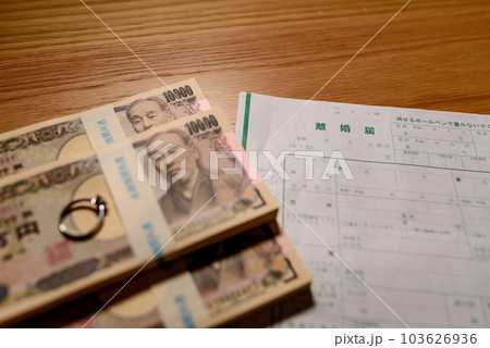 離婚届と並べられた札束　慰謝料　財産分与　養育費 103626936