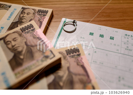 離婚届と並べられた札束　慰謝料　財産分与　養育費 103626940