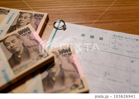 離婚届と並べられた札束　慰謝料　財産分与　養育費 103626941