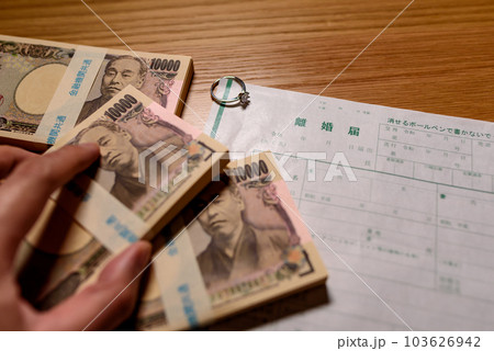 離婚届と並べられた札束　慰謝料　財産分与　養育費 103626942