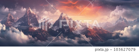 A painting of a mountain range with a sunset in the background. Generative AI image. 103627079