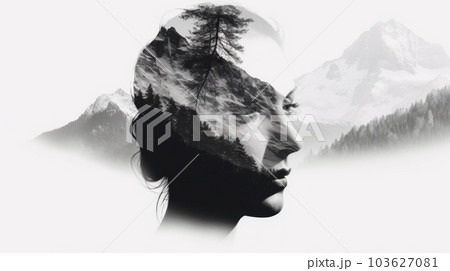 A person with a mountain in the background. Generative AI image. 103627081