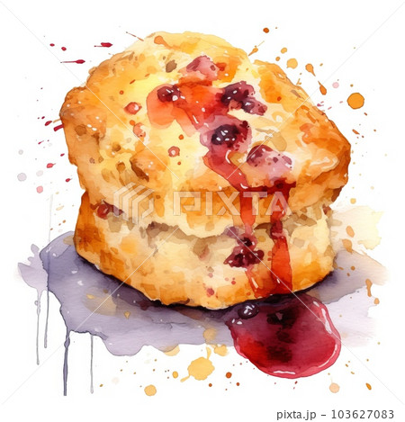 Freshly Baked Scone Pastry Watercolor Square Background. Crusty Pastry, Gourmet Bakery. Ai Generated, Drawn With Paint Splashes On White Background Aromatic Traditional Scone Pastry. 103627083