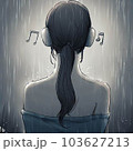 梅雨の日のメロディーを聞く女性のシルエット 103627213