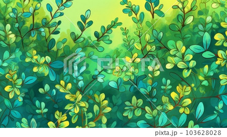 Aromatic Marjoram Herbs Cartoon Horizontal Background Illustration. Healthy Vegetarian Diet. Ai Generated drawing Background Illustration with Delicious Aromatic Marjoram Herbs. 103628028