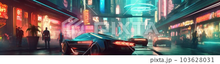 A futuristic car driving down a city street at night. Generative AI image. 103628031