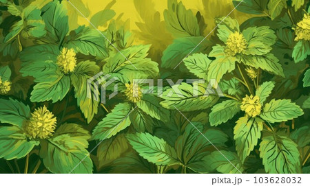 Aromatic Lemon Balm Herbs Cartoon Horizontal Background Illustration. Healthy Vegetarian Diet. Ai Generated drawing Background Illustration with Delicious Aromatic Lemon Balm Herbs. 103628032